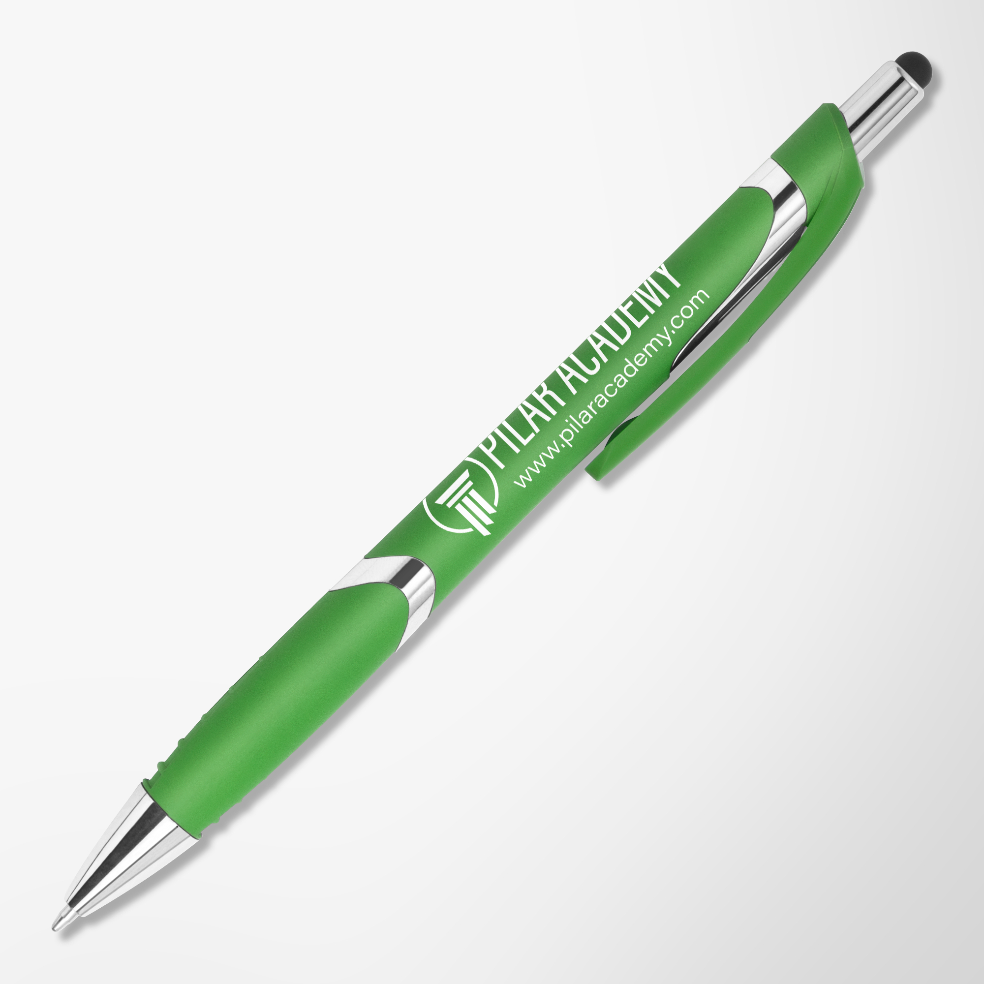 A green custom printed pen on display.