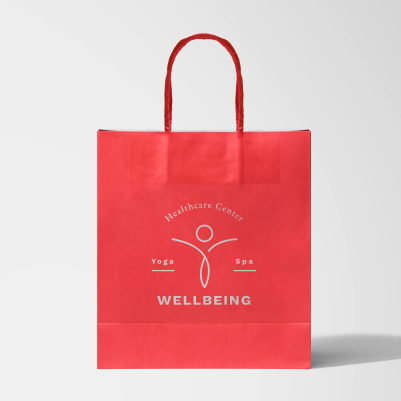 Reddish - orange paper tote bag with a light yellow personalized imprinted logo.