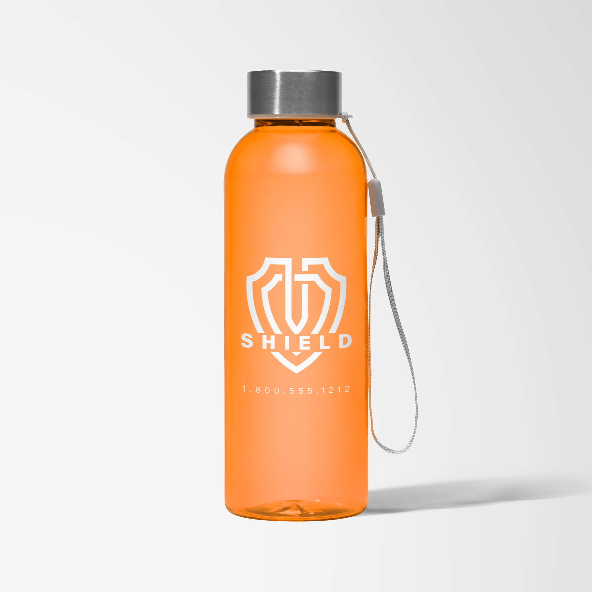 Orange plastic tumbler with white logo imprint.